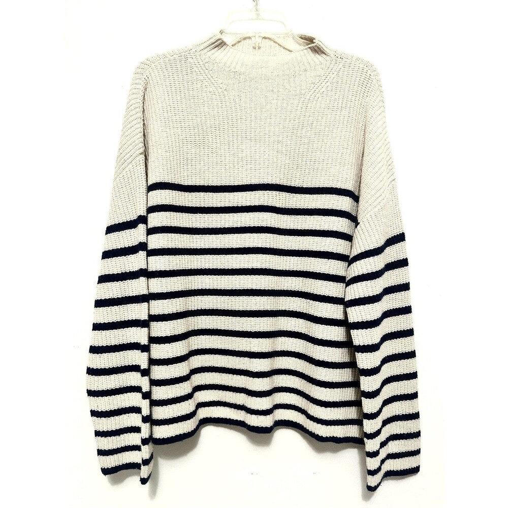 Rails Claudia Brenton Stripe Cream Navy Mock Neck Sweater Wool Cashmere M